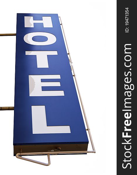 A blue hotel sign in a white background