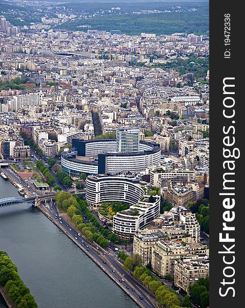 Paris. River Seine with the height. Urban scene.