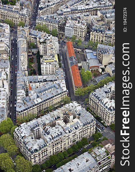 Center of Paris from the top. Roofs and streets. Panorama City