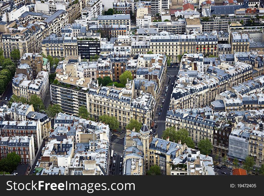 Center of Paris from the top. Roofs and streets. Panorama City