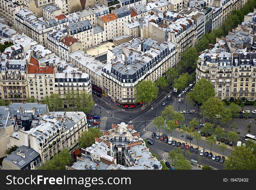 Center of Paris from the top. Roofs and streets. Panorama City