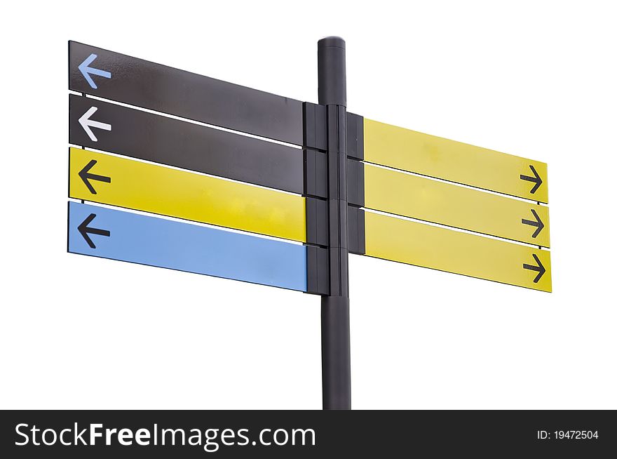 Colorful plastic informational signs with arrows. Show the direction. Isolation on white background.