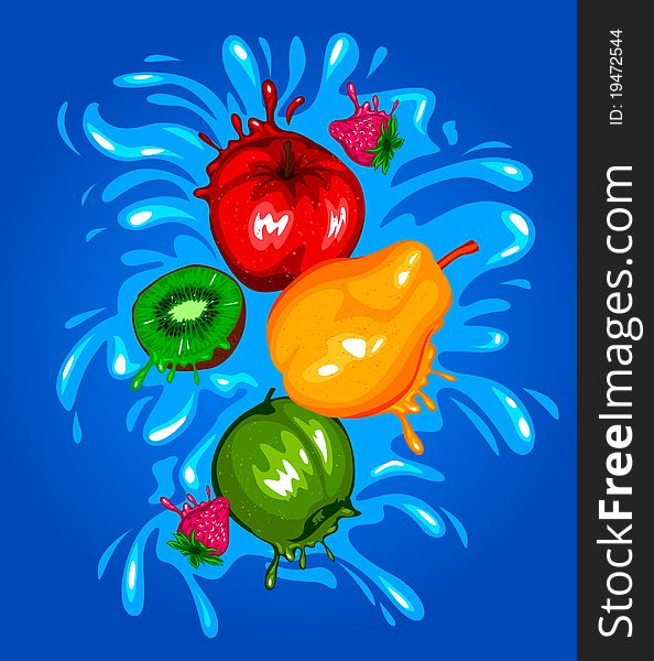 Vector illustration of fresh fruits on juicy background