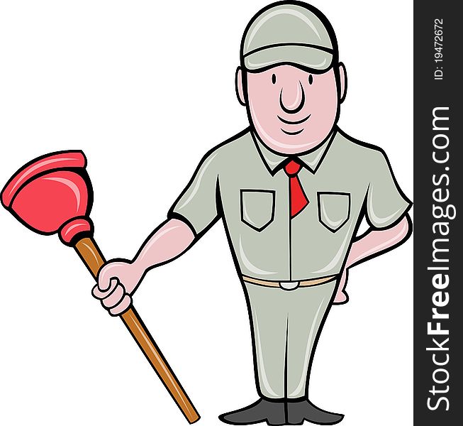 Illustration of a plumber with plunger standing front  done in cartoon style on isolated background