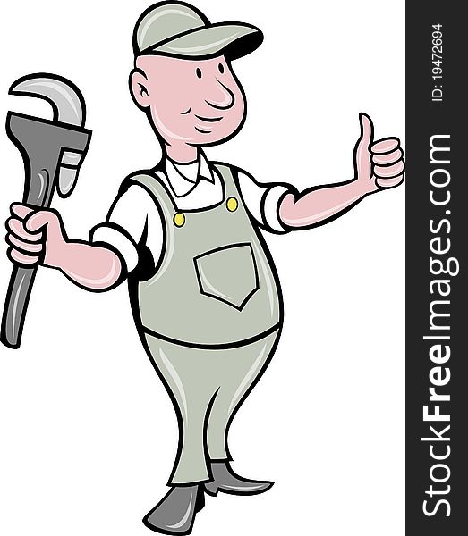 Illustration of a plumber with monkey wrench thumbs up done in cartoon style on isolated background. Illustration of a plumber with monkey wrench thumbs up done in cartoon style on isolated background