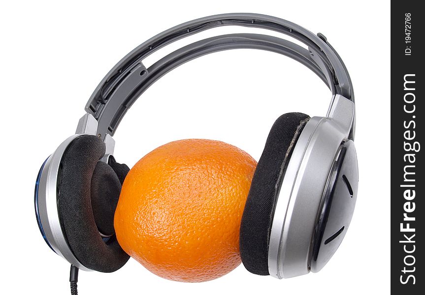 Color photograph music headphones and orange