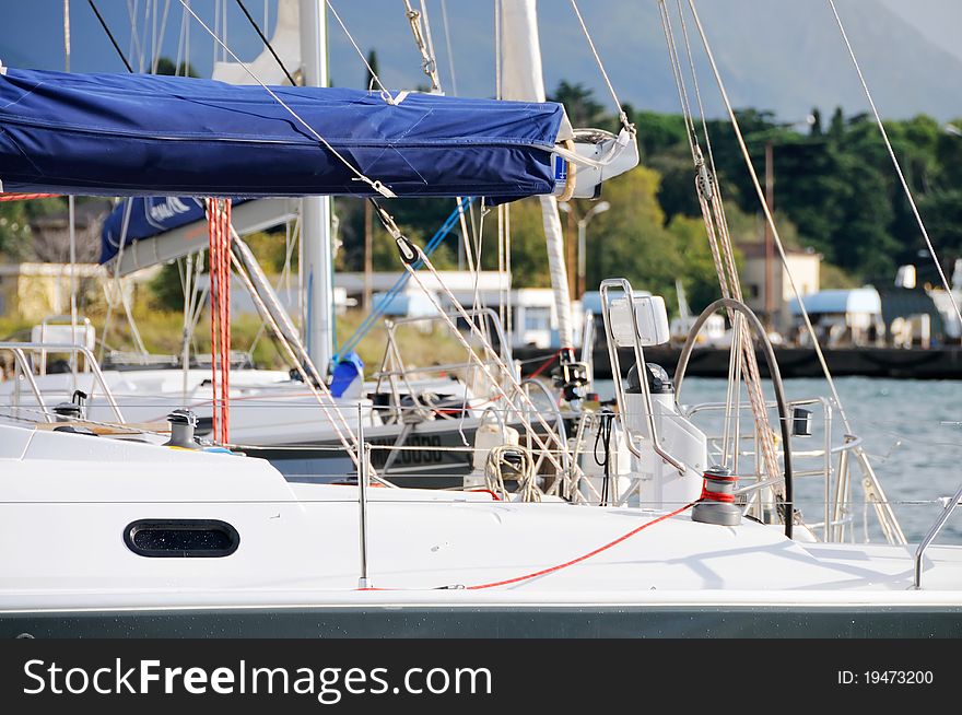 Sailing yachts docked in the marina