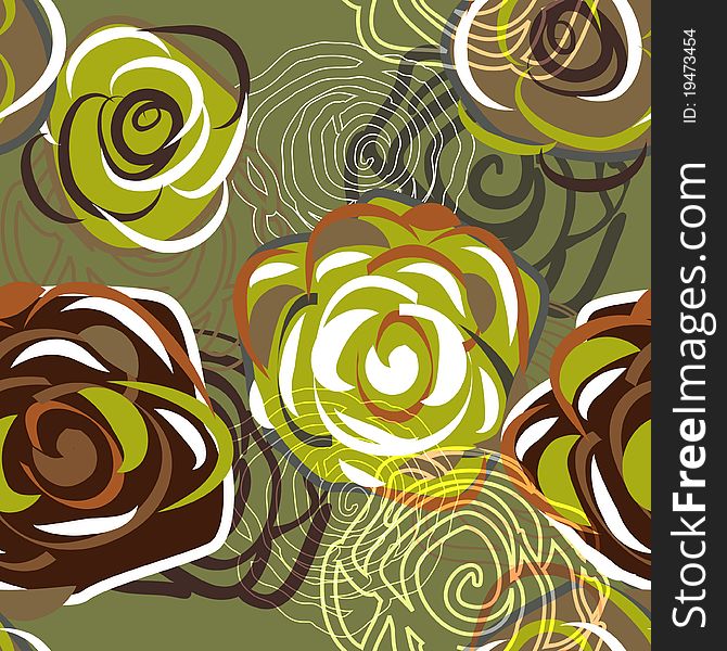 Green seamless texture with abstract roses