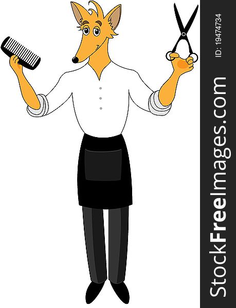 Hairdresser fox standing and holding scissors and comb