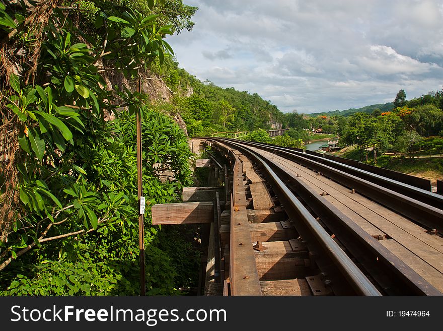 Railway beside mountain in Kanchanabury ,Thailand