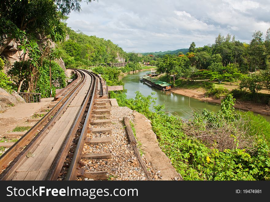 Railway beside mountain in Kanchanabury ,Thailand