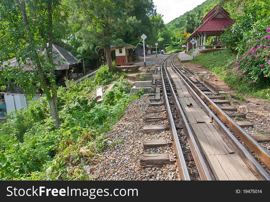 Railway beside mountain in Kanchanabury ,Thailand