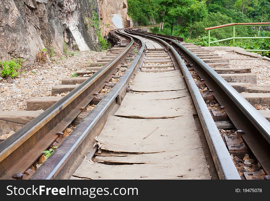 Railway beside mountain in Kanchanabury ,Thailand