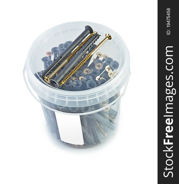 Bucket of screws with white label on white background. Bucket of screws with white label on white background