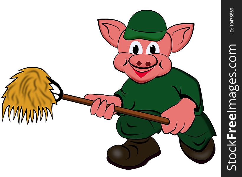 Little pigs, the farmer with the pitchfork