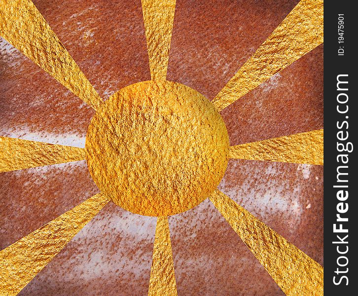 Abstract Golden Sun on Rusty metal background. Abstract Golden Sun on Rusty metal background