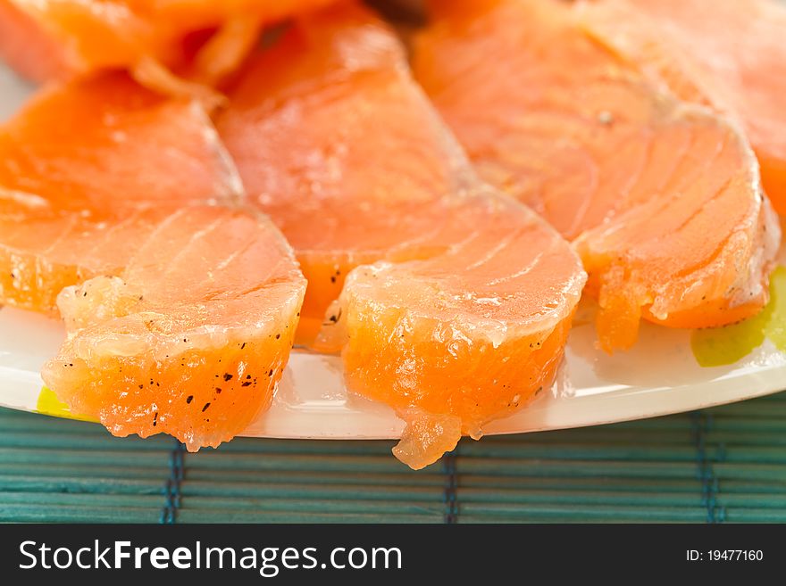 Chunks of salted salmon on a plate