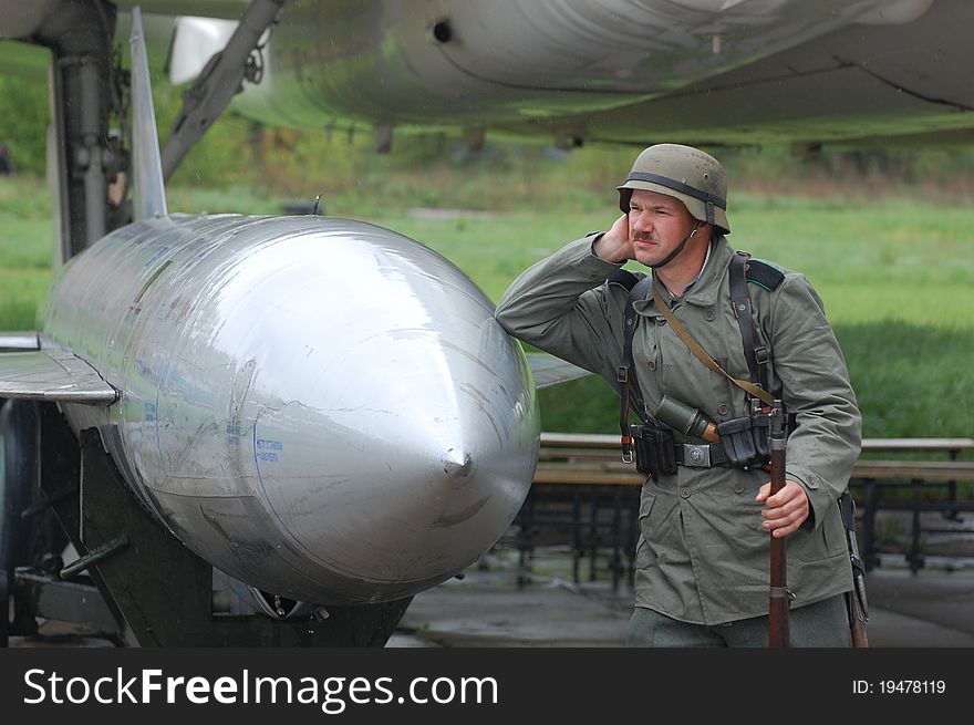 Member of Red Star history club wears historical German uniform during historical reenactment of WWII in Kiev,Ukraine. Member of Red Star history club wears historical German uniform during historical reenactment of WWII in Kiev,Ukraine