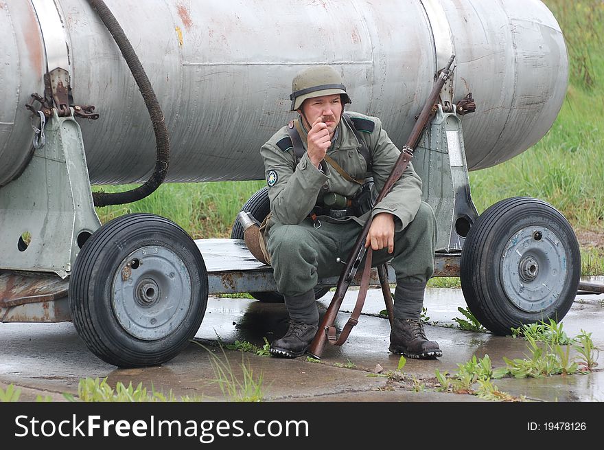 Member of Red Star history club wears historical German uniform during historical reenactment of WWII in Kiev,Ukraine. Member of Red Star history club wears historical German uniform during historical reenactment of WWII in Kiev,Ukraine