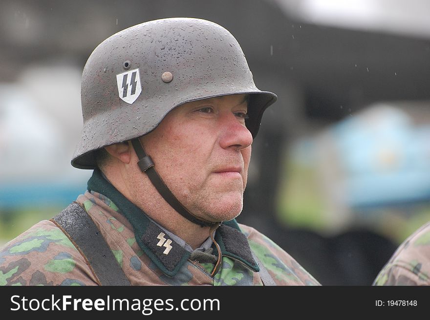 Member of Red Star history club wears historical German uniform during historical reenactment of WWII in Kiev,Ukraine. Member of Red Star history club wears historical German uniform during historical reenactment of WWII in Kiev,Ukraine