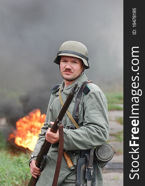 Member of Red Star history club wears historical German uniform during historical reenactment of WWII in Kiev,Ukraine. Member of Red Star history club wears historical German uniform during historical reenactment of WWII in Kiev,Ukraine