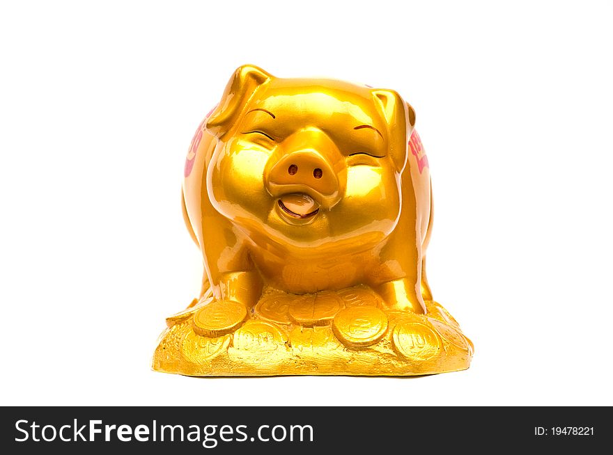 Golden Piggy Bank Isolated On A White Background