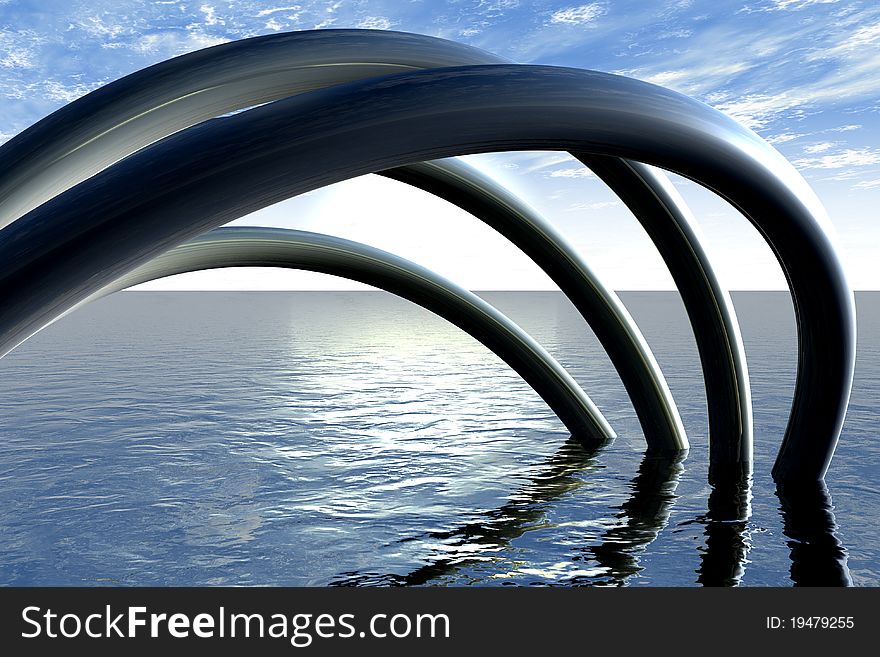 Abstract 3d pipes with sunrise and sea. Abstract 3d pipes with sunrise and sea