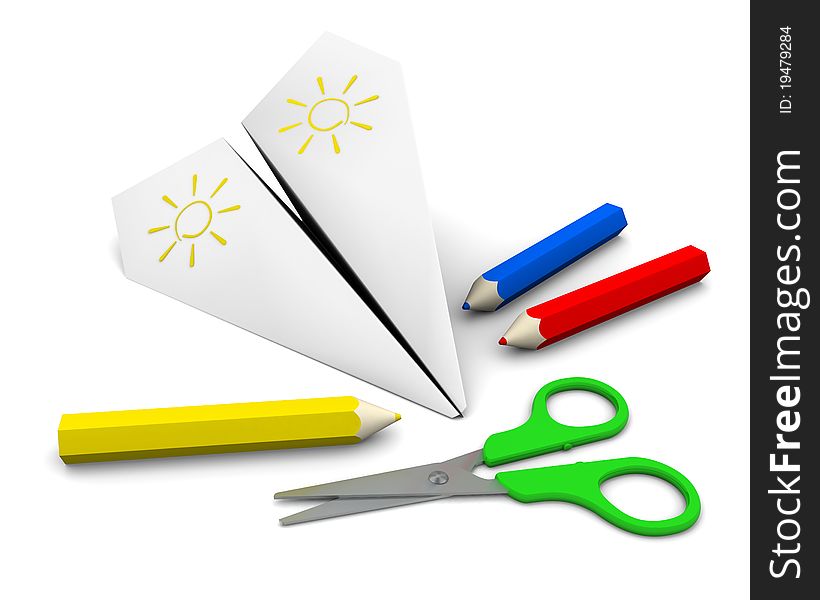 Composition of paper airplane, pencils and scissors. 3d rendering