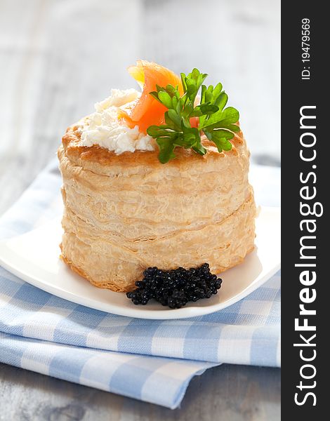 Fresh vol au vent with caviar and salmon