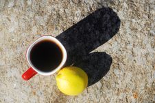 Cup Of Tea And Whole Lemon Outdoors Royalty Free Stock Image
