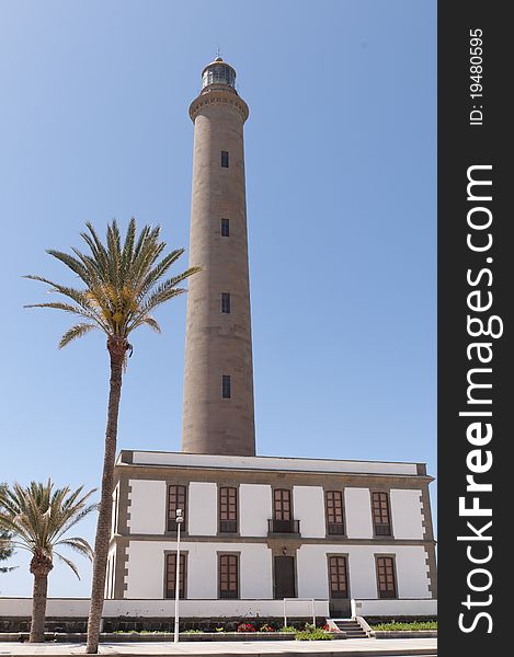 Lighthouse with palmtree in front of it on Grand Canaray, Spain