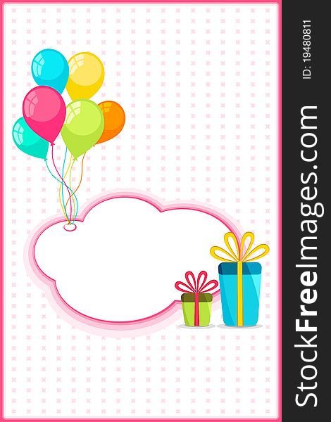 Illustration of celebration card with balloon and gift box