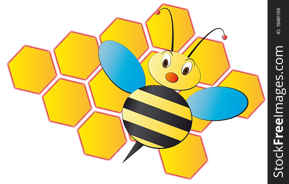 Illustration of bee cartoon with beehive in background