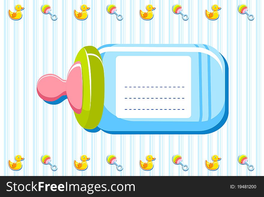 Illustration of feeding bottle on baby card with blank space for text