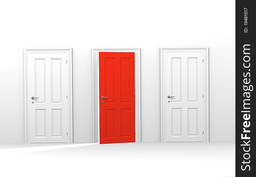 Concept images of three doors with the center door in red signifying the right choice. Concept images of three doors with the center door in red signifying the right choice.