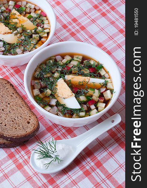 Cold summer soup okroshka, Russian traditional cuisine. Cold summer soup okroshka, Russian traditional cuisine.