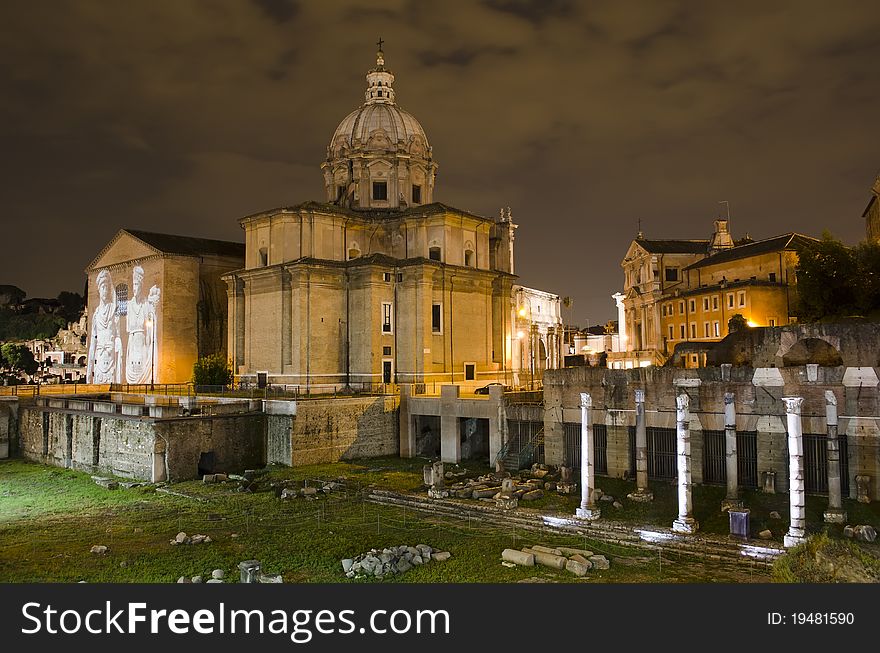Santi Luca e Martina church and Roman Forum at night. Santi Luca e Martina church and Roman Forum at night
