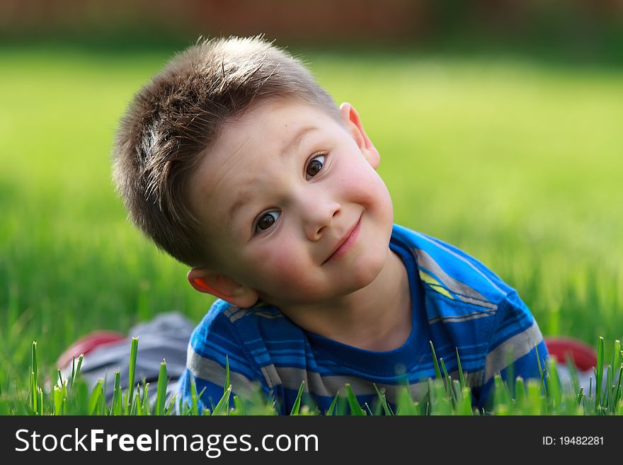 Happy little boy at the park on green grass. Happy little boy at the park on green grass