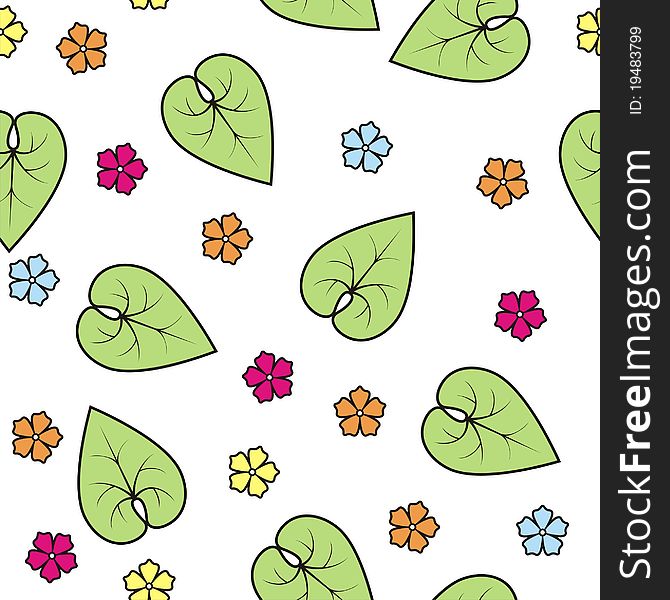 Stylized bright flowers and green leaves, seamless. Stylized bright flowers and green leaves, seamless