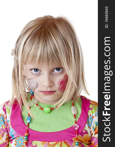 Blond disguised girl looks serious offended