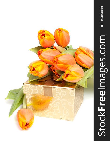 Yellow orange tulips laying on a golden present at white