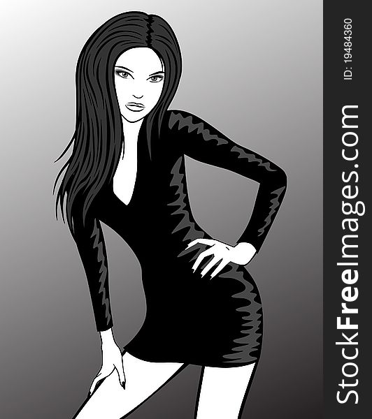 Vector black and white illustration of woman with dark hair on grey background