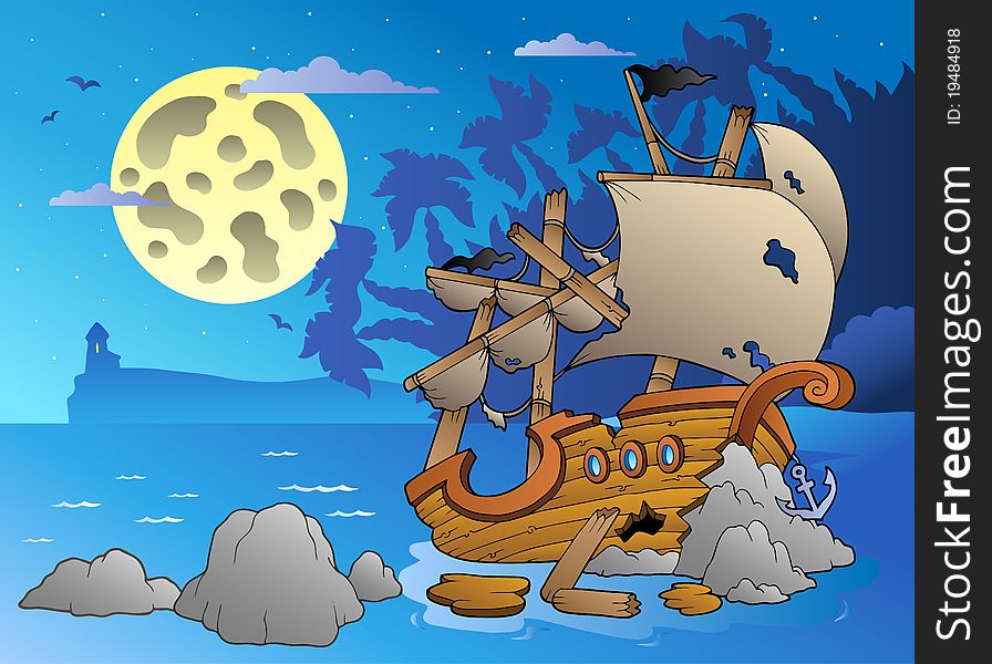 Night seascape with shipwreck - illustration.