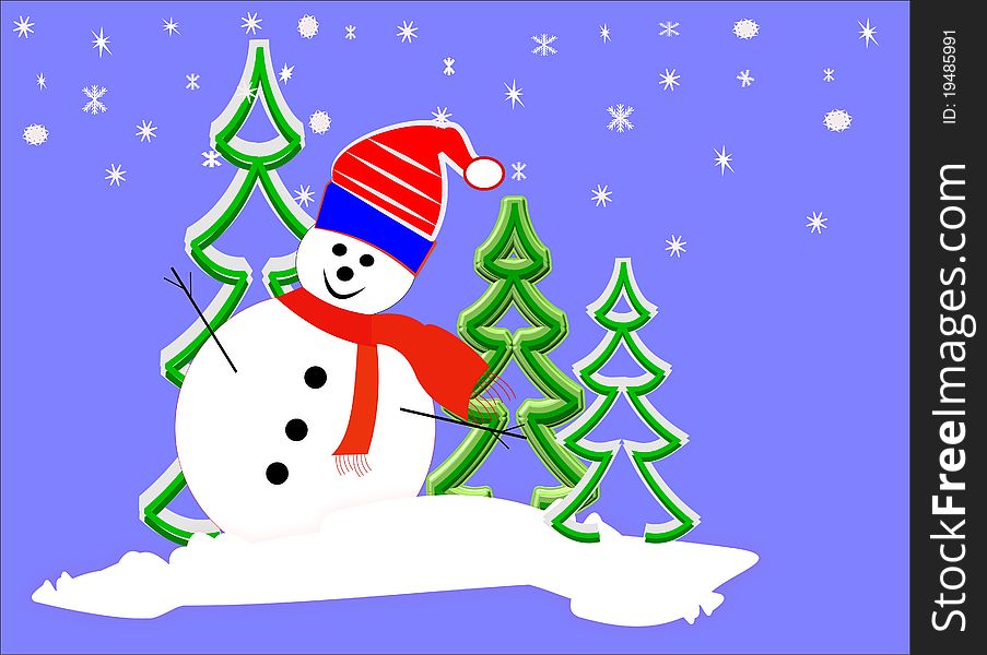 Snowman on blue background with trees and flakes. Snowman on blue background with trees and flakes