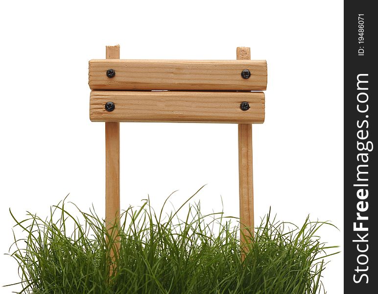 Wood sign with grass isolated on a white background