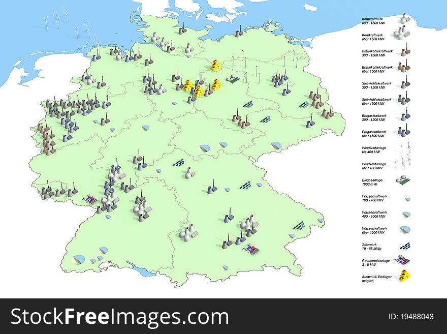 Locations power plants in Germany in 2011, Source: Federal Environmental Agency, 2011, site-specific representation of power in Germany in 2011, according to the legend