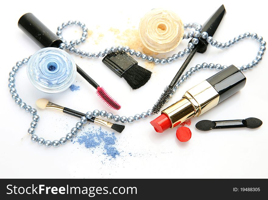 Decorative cosmetics on a white background