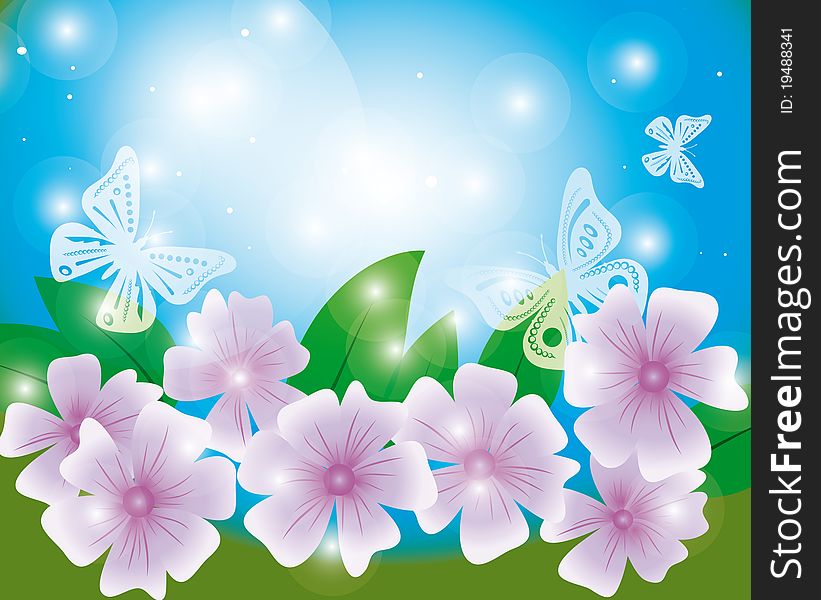 Summer background with butterflies and flowers