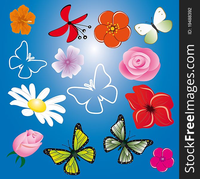 A collection of flowers and butterflies
