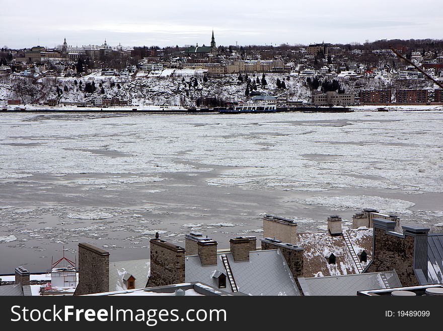 Street in Quebec city in winter with snow. Street in Quebec city in winter with snow